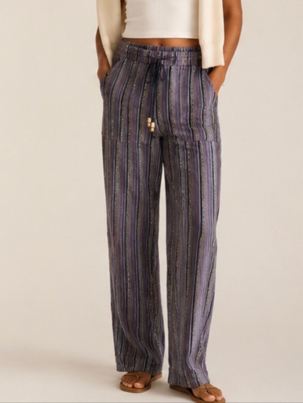 Sundance Boho Striped Beaded Roll Tab Ankle Pull On Pants Purple Large